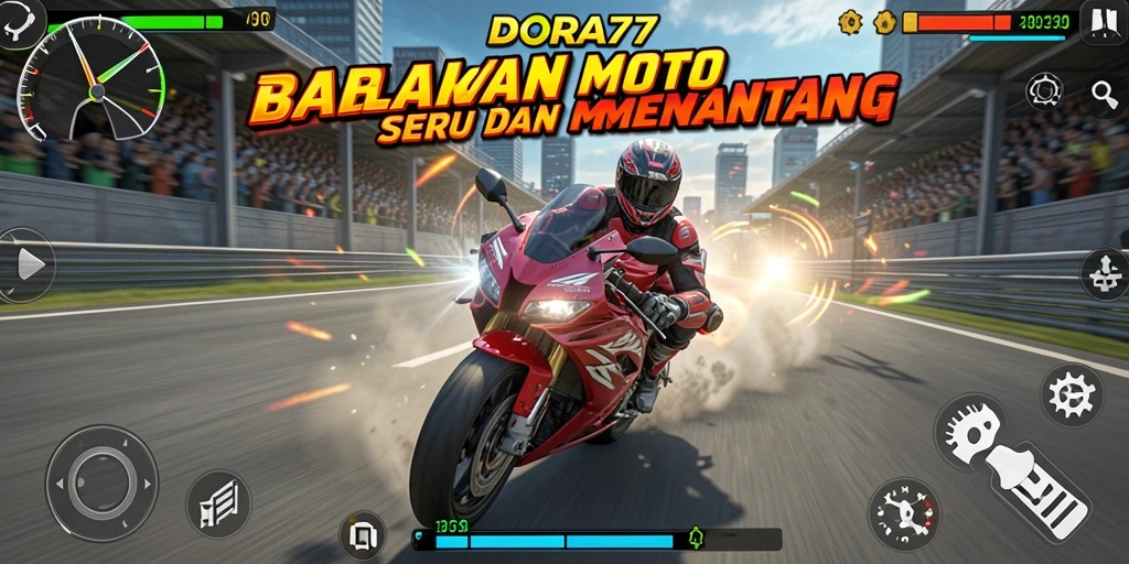 Screenshot utama DORA77 menunjukkan aksi balapan motor yang mendebarkan.