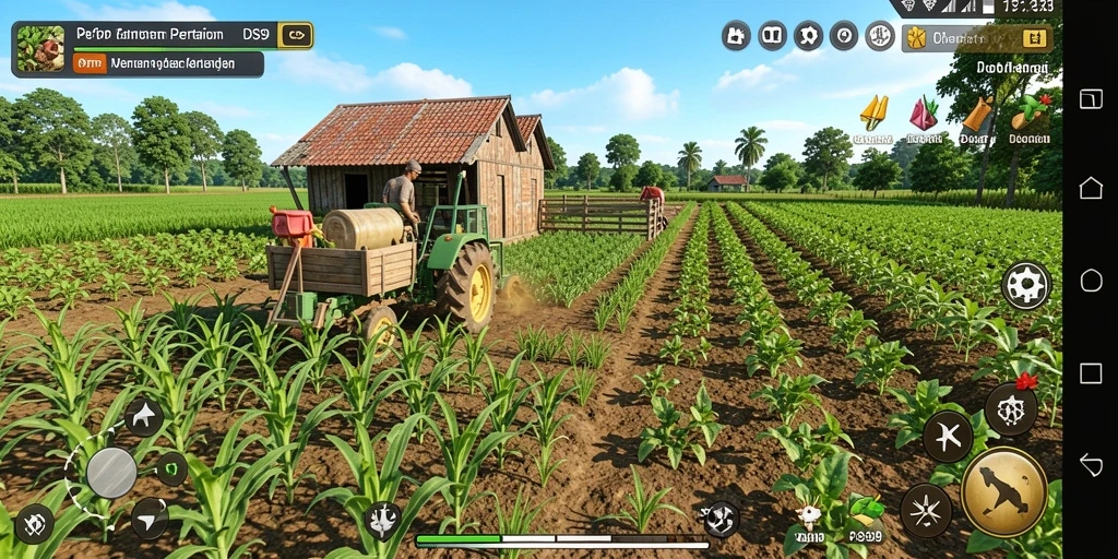 Screenshot gameplay DS99 yang menampilkan aktivitas bertani yang menarik.
