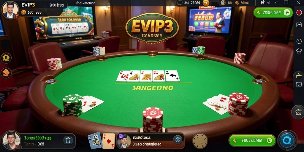 Screenshot permainan Poker EVIP3 yang menunjukkan gameplay menarik.