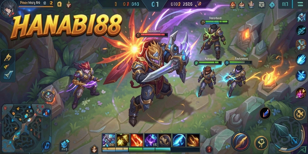 Tampilan gameplay menegangkan dalam arena MOBA HANABI88.