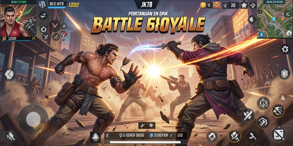 Screenshot JKT8 menampilkan gameplay intens dan strategi Battle Royale.