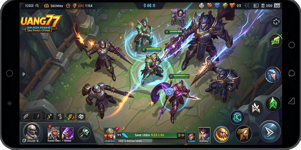 Tampilan gameplay UANG77 yang menegangkan dalam arena MOBA.